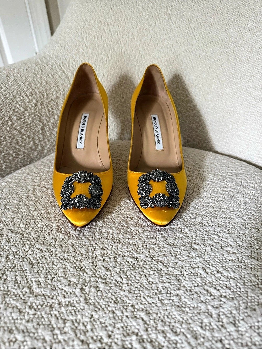 Manolo Blahnik Hangisi 70 Satin Pumps Yellow Heels